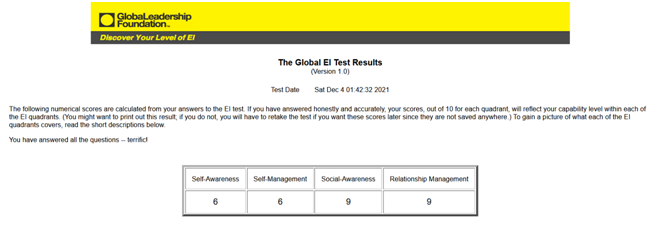 Psychometric EI test result